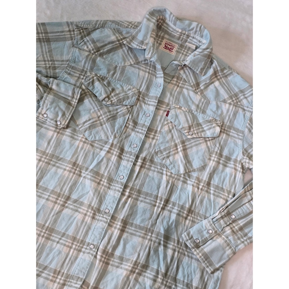 Levis Womens Western Plaid Flannel Shirt Light Blue Tan Pearl Snap XS 5109